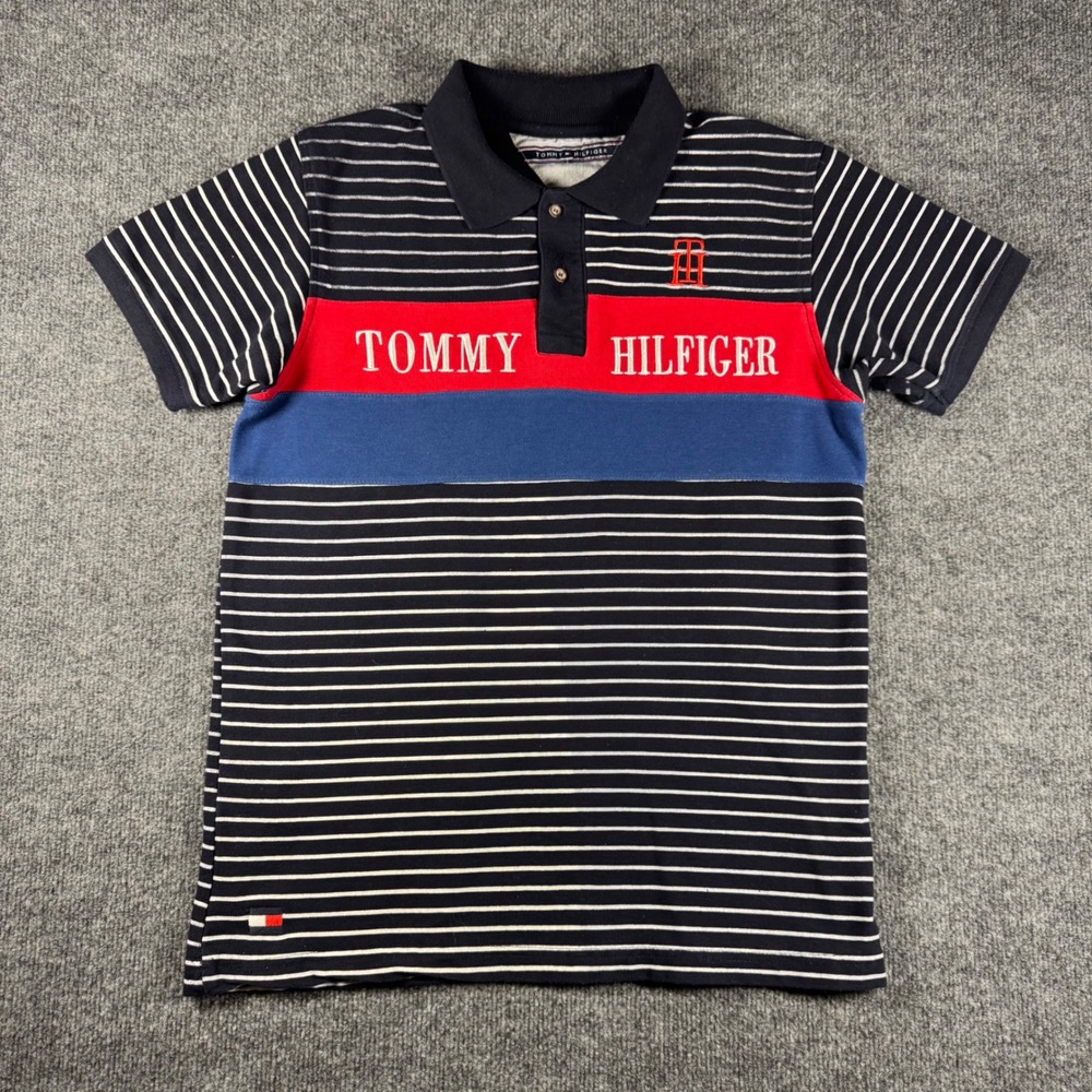 Tommy Hilfiger Mens Custom Fit Striped Colorblock Polo Shirt Navy Blue Large
